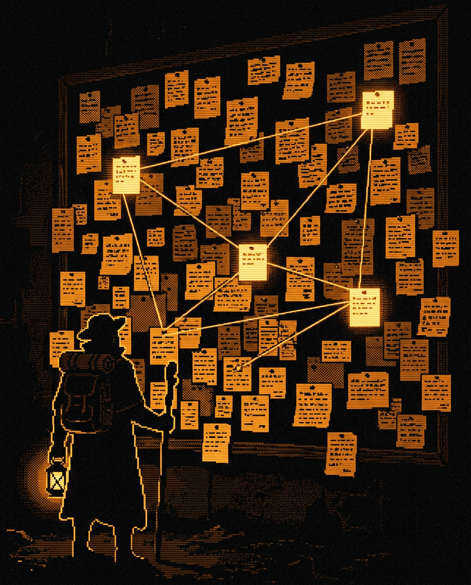 Pixel-art picture of a hunter with a lantern studying a wall of pinned notes, a few of them lit and linked by lines.